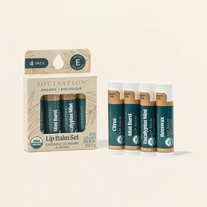 Organic Lip Balm Set, 4 Flavors - Moisturizing for Cracked & Dry Lips
