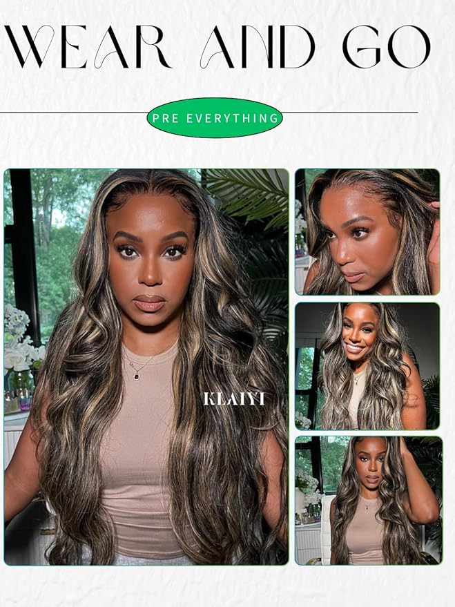 KLAIYI Bye Bye Knots Glueless Wig Human Hair 13x4 Balayage Highlight 3D Body Wave Precut Lace Front Wig with Baby Hair Black Mix Blonde Brown Pre Plucked Pre Bleached Knots Wig 30S Easy to Wear 24Inch