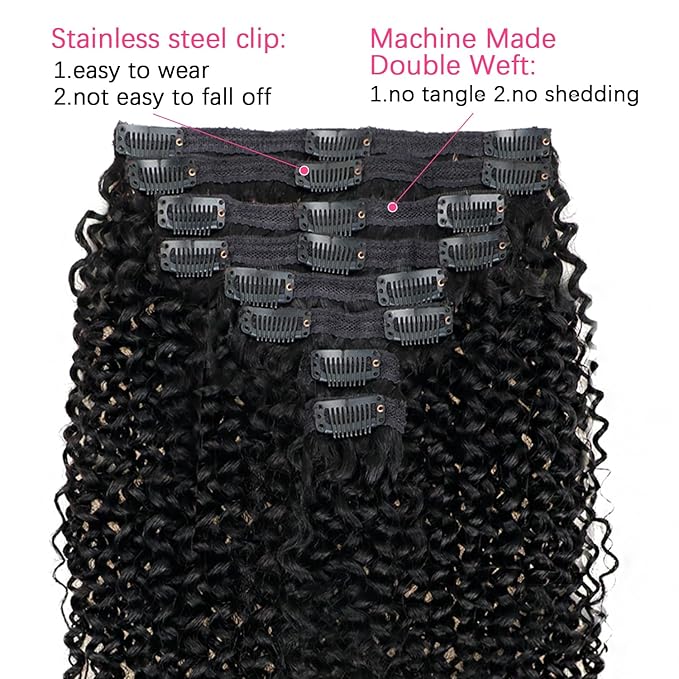 24 Inch 3c 4a Kinky Curly Clip ins Human Hair Extensions Natural Black Curly Clip ins For Full Head Hair Extensions Clip on Hair 8pcs/120g/pack