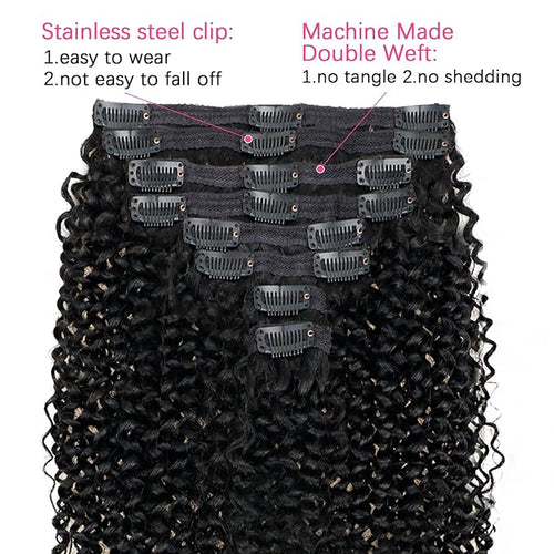 24 Inch 3c 4a Kinky Curly Clip ins Human Hair Extensions Natural Black Curly Clip ins For Full Head Hair Extensions Clip on Hair 8pcs/120g/pack