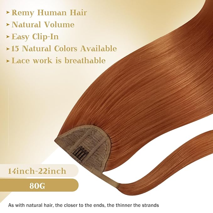 Ve Sunny Hair Extensions Ponytail Real Human Hair Wrap Around Clip in Ponytail Hair Extensions Straight Extensions Human Hair for Women Copper 18inch 80G