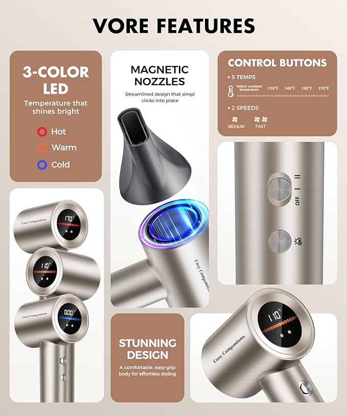 Cosy Companions Hair Dryer, 150000RPM High-Speed Hairdryer for Fast Drying, Low Noise, HD Display, 5 Temps & 2 Speeds, 500 Million Negative Ionic Blow Dryer, Gold