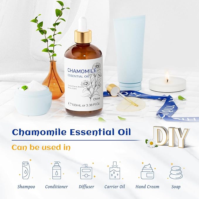 HIQILI 100ML Chamomile Essential Oil, Pure & Natural Chamomile Oil for Diffueser, Skin, Soap, Shampoo - 3.38 Fl Oz
