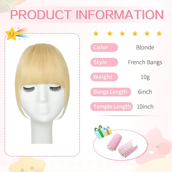 Clip in Bangs 100% Real Human Hair, French Bangs Hair Clip, Fake Bang Fringe with Temples Hairpieces for Women Daily Wear (Blonde, French Bangs)