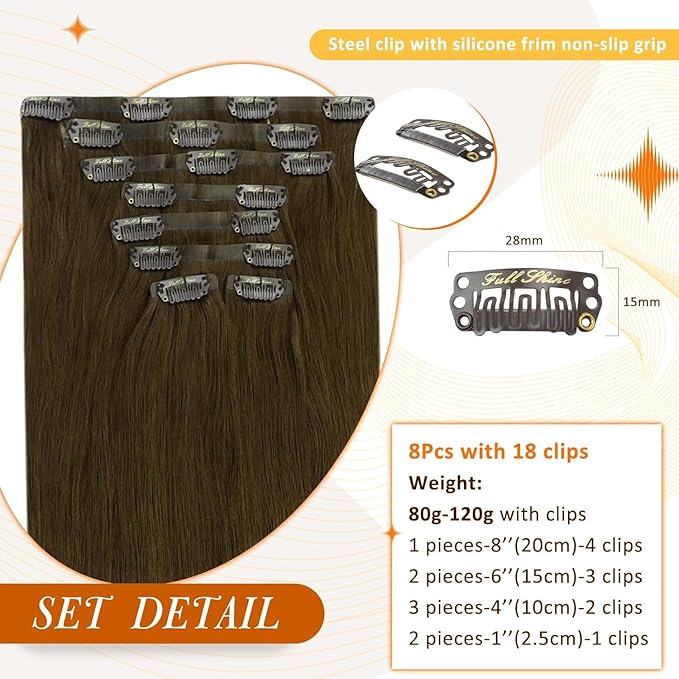 Full Shine Real Hair Extensions Clip in Human Hair Brown Seamless Hair Extensions Clip in Natural Brown Straight PU Weft for Short Hair 12 Inch 95 Grams 8 PCS