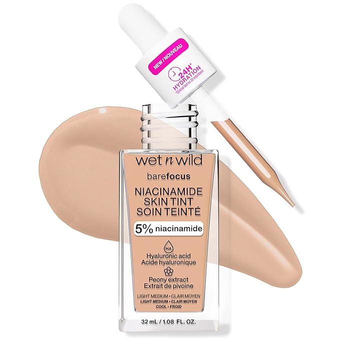 wet n wild Bare Focus Skin Tint,5% Niacinamide Enriched, Buildable Sheer Lightweight Coverage,Natural Radiant Finish,Hyaluronic & Vitamin Hydration Boost,Cruelty-Free & Vegan-Light Medium Sand