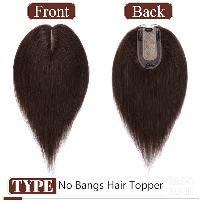 SEGO Real Human Hair Topper for Women, No Bangs Hair Topper with Anti-Slip Clips (14 Inches Dark Brown)