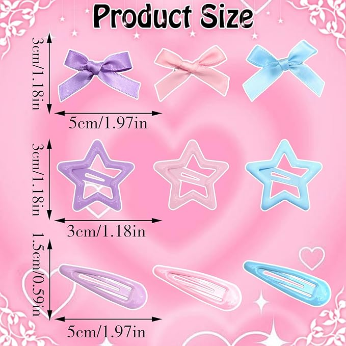 36Pcs Pink Mini Bow Hair Clips 3 Color Star Snap Hair Barrettes for Women Blue Water Drop No Slip Hair Clips Purple Small Hair Bows Star Bowknot Hair Accessories for Teens Girls