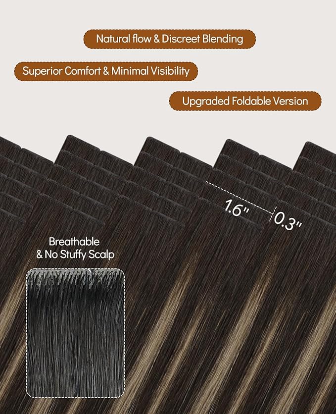 VINBAO 55g Invisi Edge Tape in Extensions Human Hair Balayage Darkest Brown to Medium Brown Ombre Injected Tape in Hair Extensions Invisible 20pcs 20inch #2/6/2