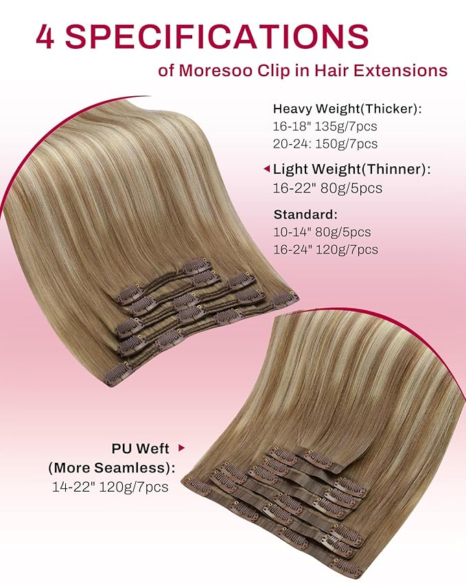 Moresoo Clip in Hair Extensions Real Human Hair Double Weft Human Hair Clip in Extensions Straight Balayage Ombre Light Brown Mixed with Golden Blonde 5pcs 80g 22inch