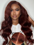 KLAIYI Bye Bye Knots Glueless Wig Reddish Brown Body Wave 7x5 Pre Cut HD Lace Front Wigs Human Hair Put On And Go Wig Pre Bleached Pre Plucked with Baby Hair 30S Ready To Wear 150% Density Full 24Inch