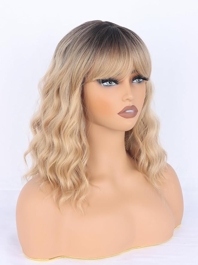 Blonde Wavy Wig with Bangs for Women Shoulder Length Synthetic Wigs Natural Wavy Blonde With Dark Brown Roots Wigs Heat Resistant for Daily Party Use