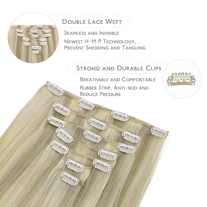 WENNALIFE Clip in Hair Extensions Real Human Hair, 16 Inch 120g 7pcs Remy Hair, Ash Blonde Highlighted Platinum Blonde Straight Natural Extensiones De Cabello Humano Con Clip Ins
