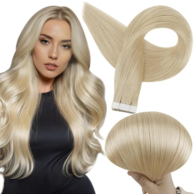 Full Shine Tape in Extensions 20 Inch Hair Extensions Real Human Hair Tape in Double Sided Seamless PU Human Skin Weft Color 613 Bleach Blonde Real Remy Extension 50G 20Pcs Natural Straight