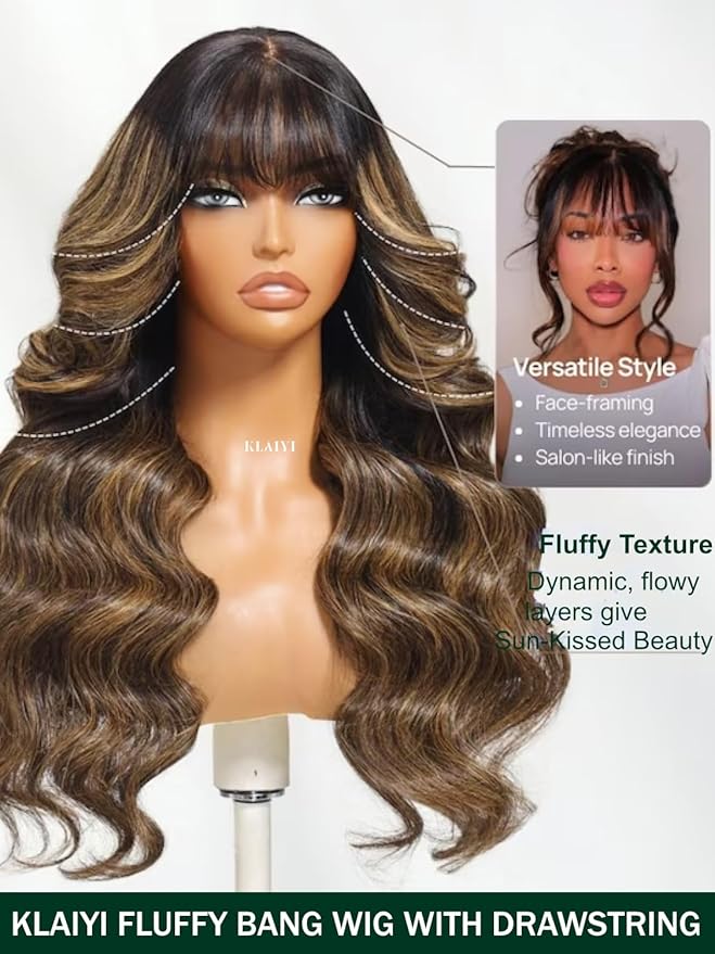 KLAIYI Ombre Brown Loose Body Wave Pre Everything Glueless 13x4 HD Lace Front Human Hair Wig with Natural Bang Highlight Balayage Brown Precut Lace Pre Plucked Bye Bye Knots Drawstring Wig 180% 18Inch