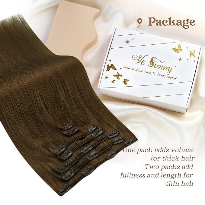 Ve Sunny 24 inch Human Hair Extensions Clip ins Cool Ash Brown Real Hair Extensions Clip in Human Hair Double Weft Remy Hair Extensions 7pcs 120g