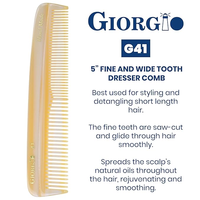 Giorgio G41 Fine and Wide Tooth Pocket Comb - Hair Styling for Men and Women, Handmade Beard and Mustache Grooming, Barber Comb, Saw Cut and Polished for Travel