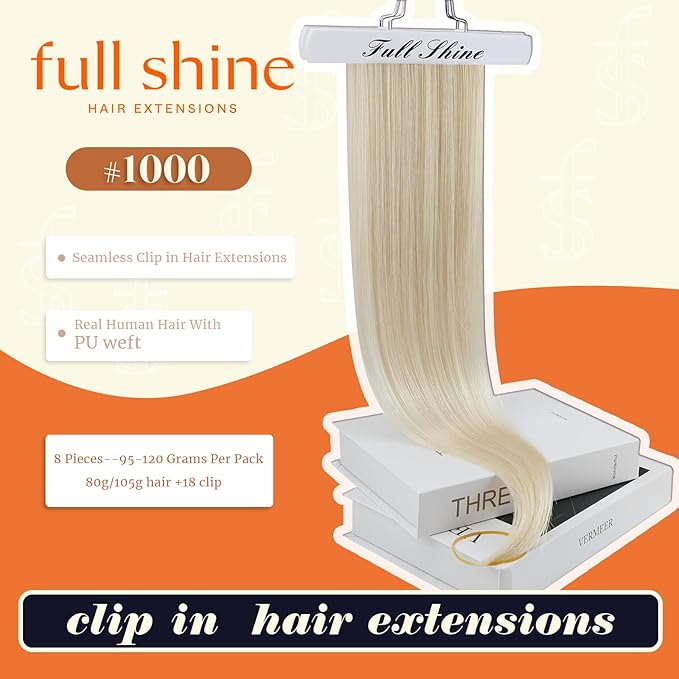Full Shine Blonde Clip in Hair Extensions Ice Blonde Seamless Hair Extensions Clip in Invisible Hair Extension for Women Straight with PU Weft 20 Inch 8PCS 120G