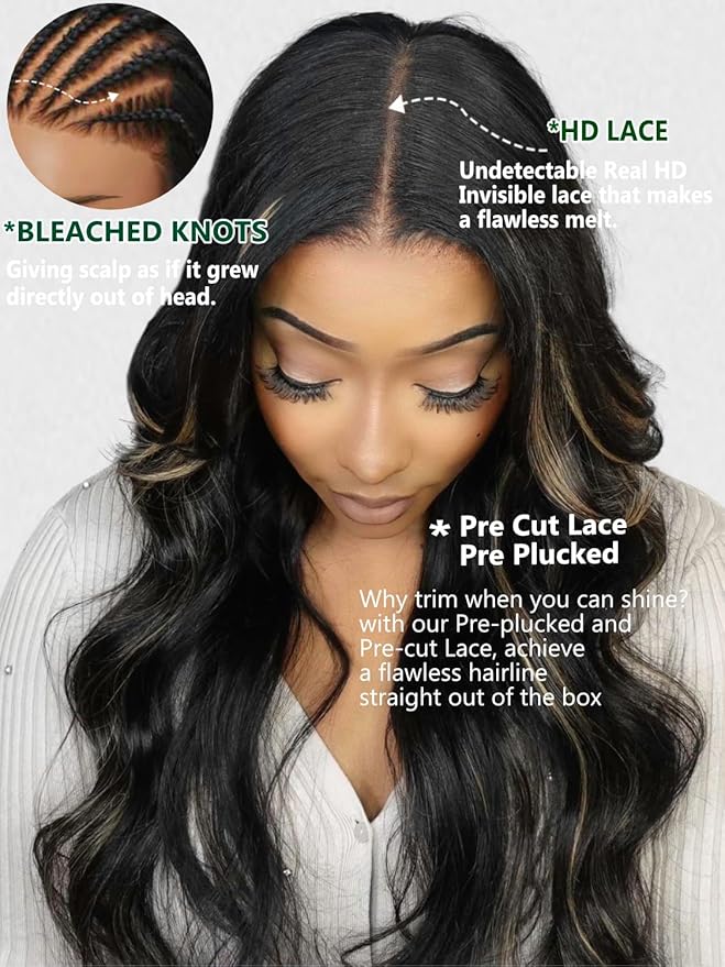 KLAIYI Bye Bye Knots Glueless Wig Human Hair 13x4 Balayage Highlight 3D Body Wave Precut Lace Front Wig with Baby Hair Black Mix Blonde Brown Pre Plucked Pre Bleached Knots Wig 30S Easy to Wear 26Inch