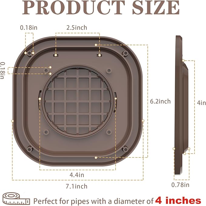 Dryer Vent Cover Outside 4 inch, Magnetic Door Design, Durable Airflow Vent with Lint Trap Screen, Thickened Material, 7 inch x 7 inch Size, Brown