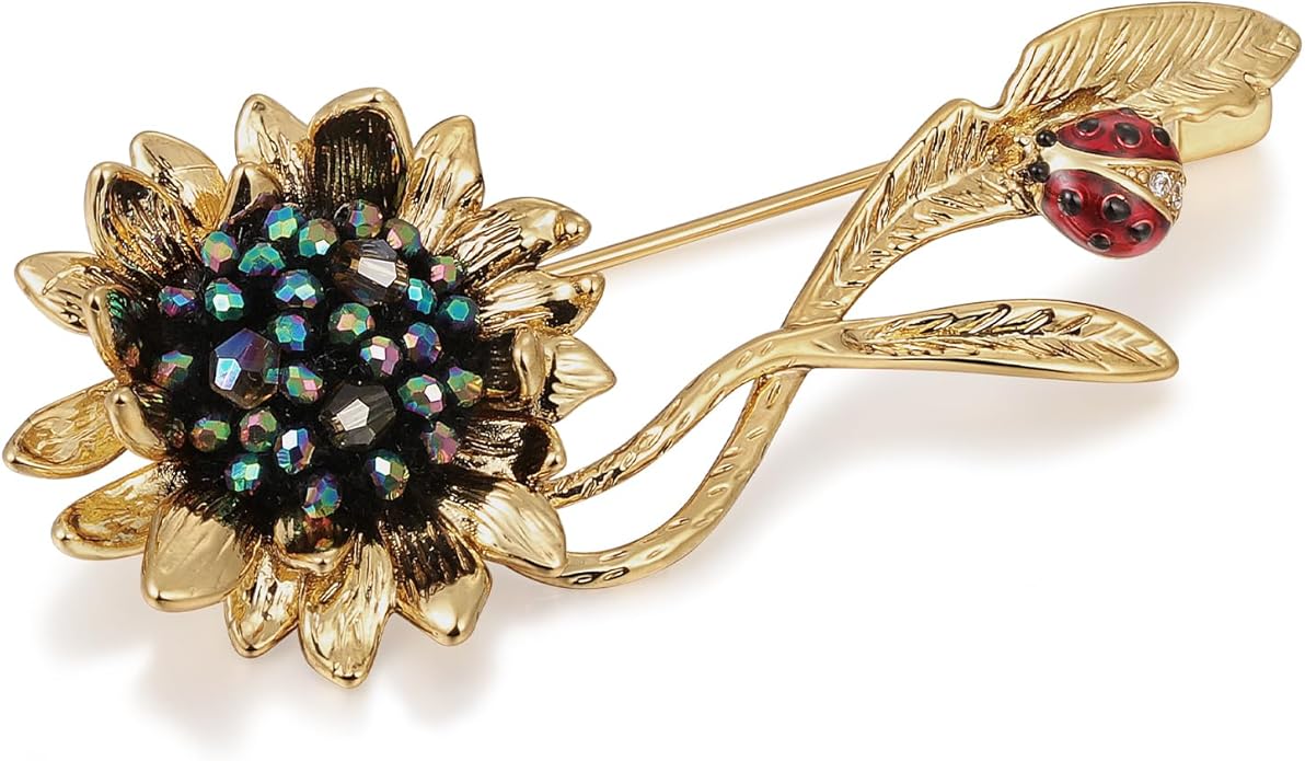Sunflower Brooch pin with hand beading, She's Free Style Just For You Flower Oil Dropping Brooches for women, Metal Plating Process Safety pins with Nail Bead Crystal
