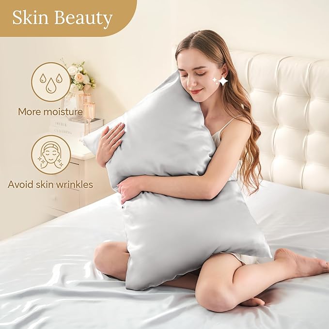 INFIIXSO Mulberry Silk Pillowcase for Hair and Skin, Silk Pillow Cases Queen Size Set of 2 with Hidden Zipper 20x30 Inches, Ultra Soft Cooling Pillow Cases for Hot Sleepers(Light Grey, 2 Pack)