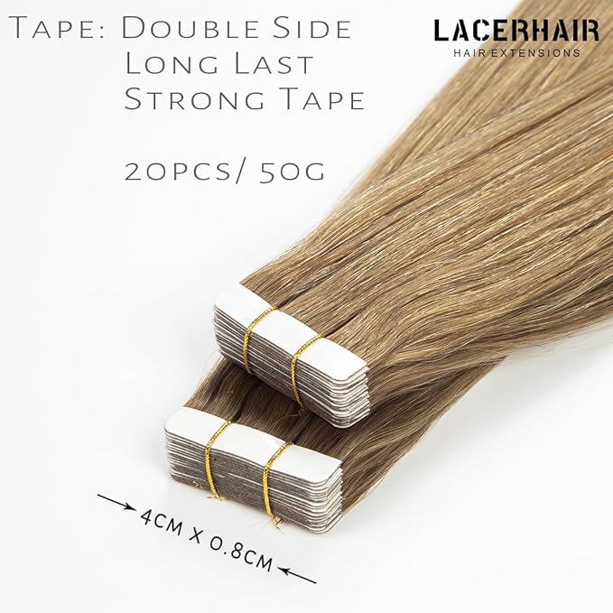 Lacer Tape in Hair Extensions Human Hair Skin Weft Gold Brown Remy Tape in Hair Extensions 14 Inch Full Thick Ends Adhesive Hair Pieces for Women 50g/20pcs