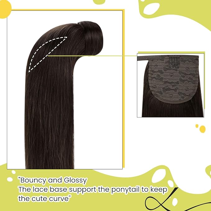 RUNATURE Ponytail Extension Human Hair, Wrap Around Real Human Hair Ponytail Extension, Clip in Ponytail Hair Extensions, Remy Natural Hair Pony Tails, Magic Pate Hairpiece, 16 Inch 80g #2 Dark Brown