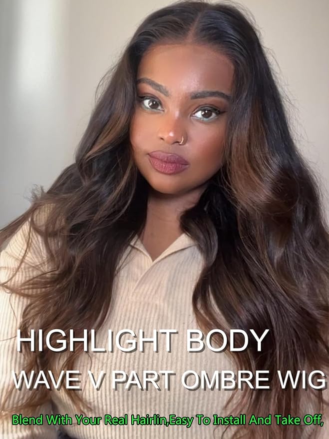 YIROO V Part Wig Human Hair Highlight Chestnut Brown Ombre Body Wave Human Hair Wig No Leave Out 12A Glueless Upgrade U Part Wigs Clip in Half Wig No Glue No Sew Beginner Friendly 150% Density 20inch