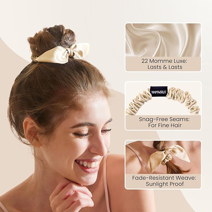 THXSILK 100% Mulberry Silk Bow Scrunchies 3-Pack, 22 Momme Mulberry Silk Hair Ties for Women, Cute Bunny Ear No Damage Ponytail Holders, Fashion Hair Accessories for Girls(S, Metallic Gold)