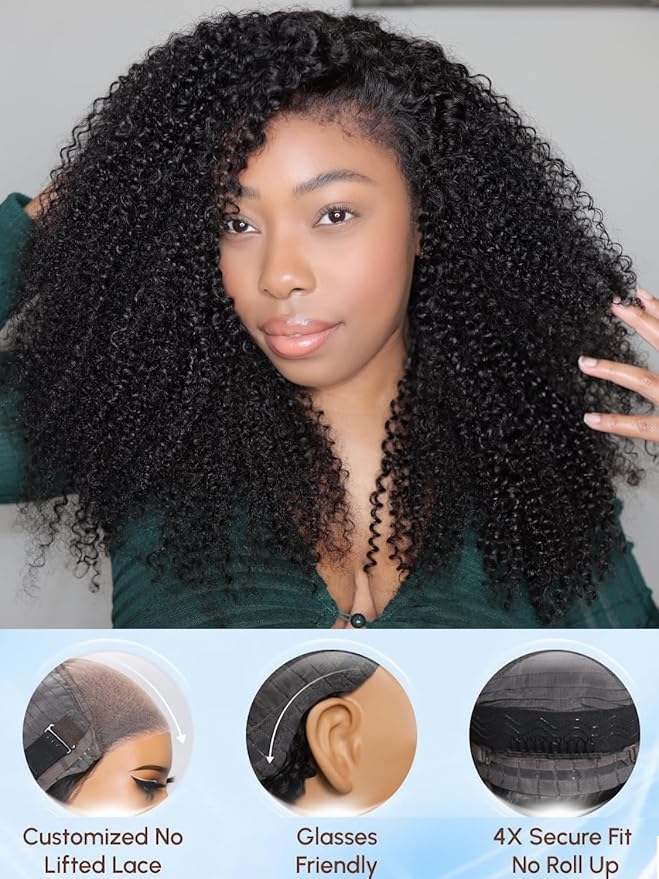 Julia Hair Bye Bye Knots 4C Kinky Curly Glueless Natural Hair Wig 7x5 Pre Cut HD Lace Front Kinky Edges Hairline Wig Pre Bleached Pre Plucked Virgin Hair with Baby Hair for Black Women 26 Inch