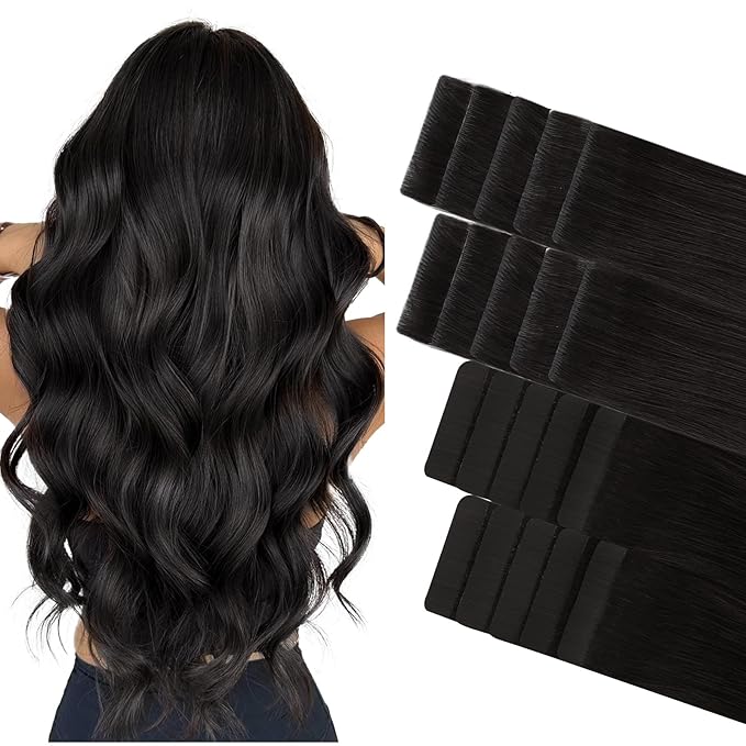 GOO GOO Invisi Edge Tape in Hair Extensions Human Hair, 1B Natural black 10pcs injected with 10pcs classical tape ins, 14inch 50g, Virgin Remy Hair, Natural Look