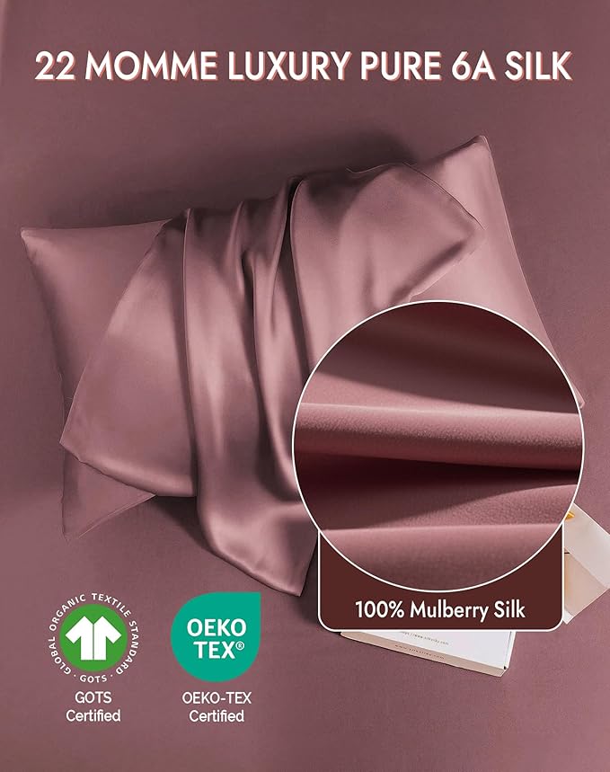 SilkSilky 100% Mulberry Silk Pillowcase - Pure 22 Momme High-Grade 6A Fibers for Hair & Skin, Envelope Closure, Natural, Organic, Breathable & Cooling Pillow Case (King, Pale Mauve)