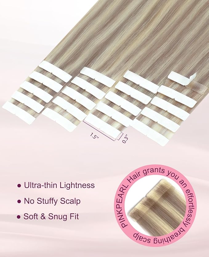 Pinkpearl Invisible Tape in Hair Extensions Human Hair, 20pcs 16inch 45g #18P60 Ash Blonde Highlighted Platinum Blonde Injection Tape in Extensions Real Remy Seamless Human Hair Injected