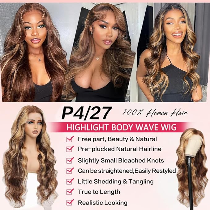 36Inch Highligh Ombre Lace Front Wig Human Hair Highlight Body Wave 13x6 Lace Front Wigs Pre Plucked HD Frontal 180 Density Glueless 4/27 Highlighted Human Hair Wig