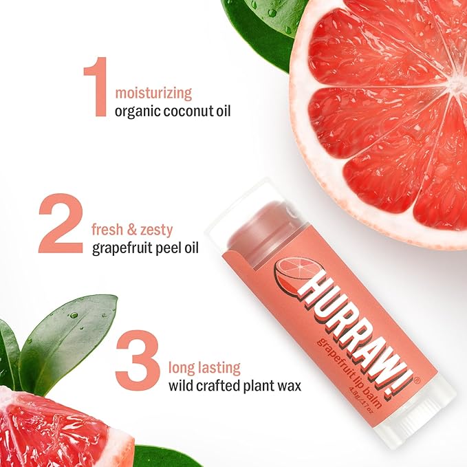 Hurraw! Grapefruit Lip Balm, 3 Pack: Organic, Certified Vegan, Cruelty and Gluten Free. Non-GMO, 100% Natural Ingredients. Bee, Shea, Soy and Palm Free. Made in USA