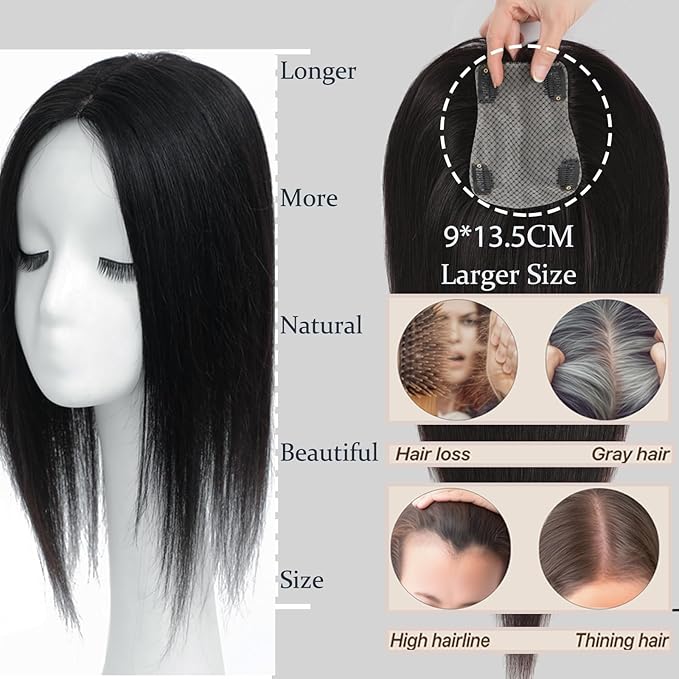 Hair Toppers for Women Real Human Hair 360° 3D Toppers with Thinning Hair Upgrade Middle Part Clip in Bangs Pieces for Women Daily (Black, 16 Inch-3D-Side)