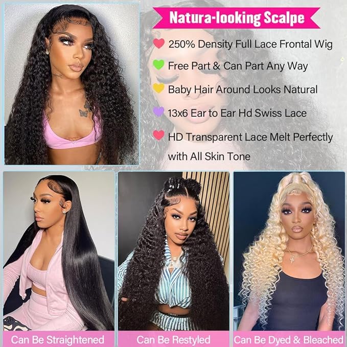 30 Inch 13x6 Deep Wave Lace Front Wigs Human Hair 250% Density HD Lace Frontal Wigs Human Hair Glueless Deep Curly Wigs for Women Pre Plucked Glueless Wigs Natural Color