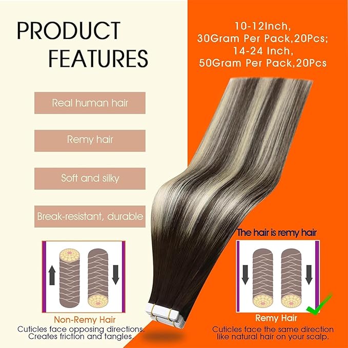 Full Shine Human Hair Tape in Extensions Seamless Tape in Hair Extensions Real Human Hair Color 2 Brown to 60 Blonde And 2 Brown 50G Invisible Tape ins Human Hair 22Inch Double Sided Tapes 20Pcs