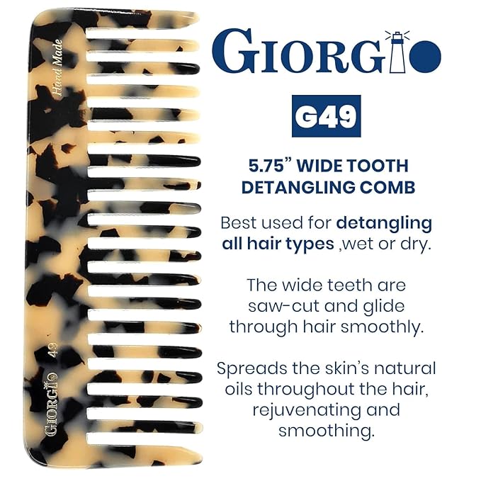 Giorgio G49 White Tokio, Large 5.75 Inch Detangling Comb, Wide Teeth for Thick Curly Wavy Hair. Long Hair Detangler Comb For Wet and Dry. Handmade of Quality Cellulose, Saw-Cut, Hand Polished