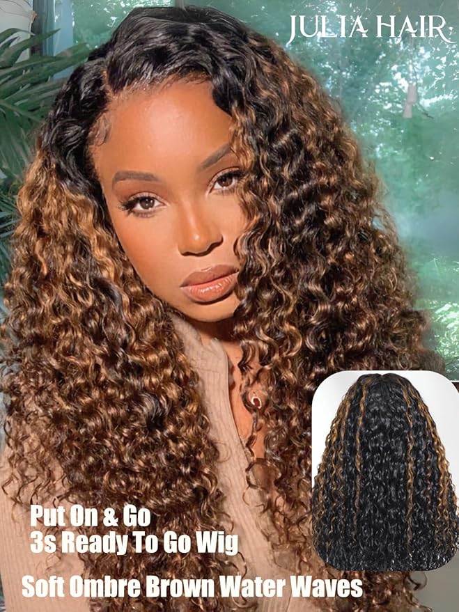 Julia Hair Ombre Brown Water Wave Glueless Wig Human Hair 7x5 HD Lace Closure with Invisible Drawstring Pre Plucked Bleached Highlight Balayage Colored Curly Wigs Put On And Go 22 Inch