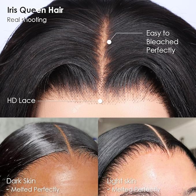 Iris Queen 12A Straight HD Transparent Lace Front Wigs Human Hair Pre Plucked 180 Density Virgin Human Hair 13x4 Full Lace Frontal Wigs for Black Women Natural Black(24 inch)