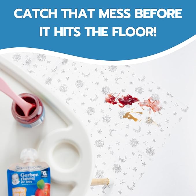 60 Pack Disposable Splat Mats by Eli with Love - Extra Large 49"x49" 100% Waterproof Baby Splat Mat for Under High Chair - Plastic Mat Liner for Floor - Protect from Spills (Moon & Stars, 60 Pack)