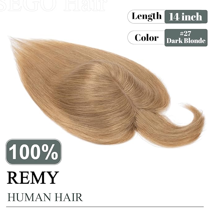 SEGO Hair Toppers for Women Real Human Hair with Thinning Hair, Toppers Hair Clip in Toppers with Front Bangs 150% Density Silk Base -14 Inch #27 Dark Blonde