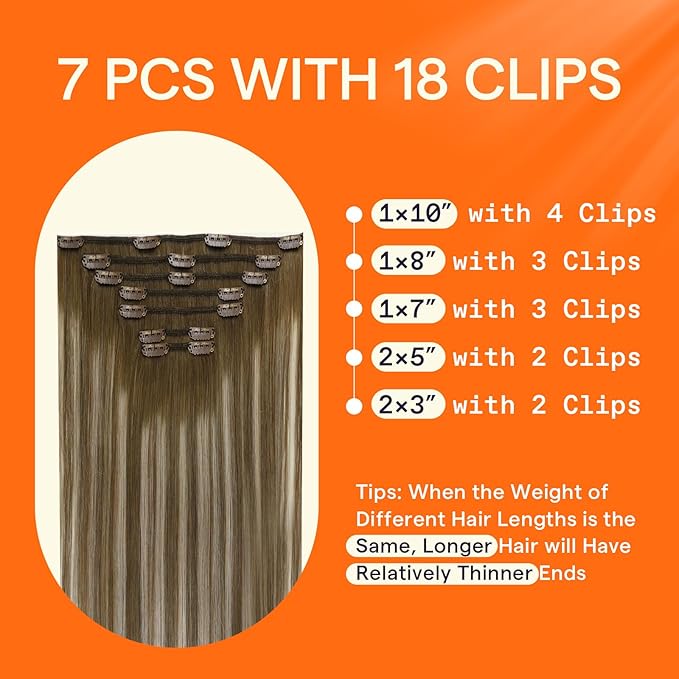 Full Shine Balayage Brown Hair Extensions Real Human Hair Clip ins Chestnut Brown Ombre Blonde Short Clip in Hair Extensions Seamless Human Hair Clip in Extensions for Women 14 Inch 7 Pcs 120 G
