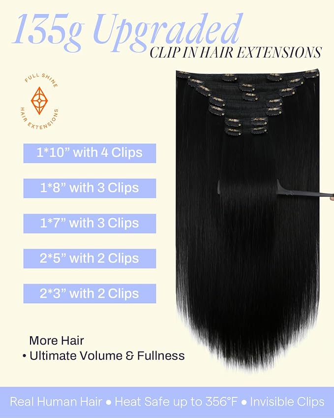 Full Shine Clip ins Real Human Hair Black Women 18 Inch Jet Black Clip in Extensions Real Human Hair 7 Pcs 135 G