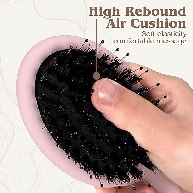 Mini Boar Bristle Hair Brush - Boar & Nylon Bristle Small Brush for Women Kids Long Short Hair to Smooth Add Shine - Travel Size Hair Brush for Purse,Pocket - Pink