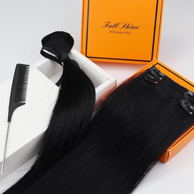 Full Shine Clip in Human Hair Extensions 12 inch 60g 3Pcs Hair Extension Clip ins Jet Black Remy Hair Clip ins for Women Soft Weft Ease of Use