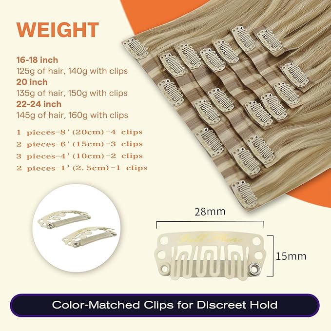Full Shine Clip in Hair Extensions 20 inch 150g 8Pcs Seamless Clip ins Human Hair Dirty Blonde with Highlights Hair Extensions Ease of Use