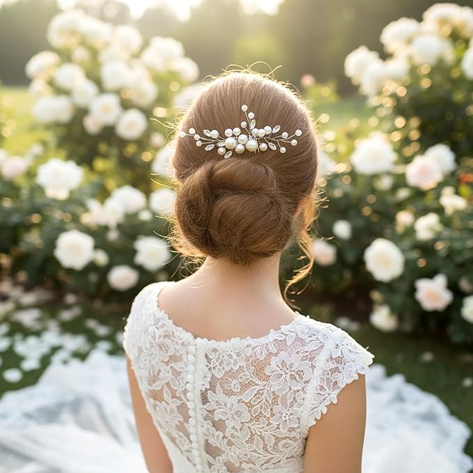 2PCS Pearl Wedding Hair Comb, Rhinestone Pearl Hair Accessories Crystal Hairs Pieces Bridal Hairs Clips for Women and Brides Bridesmaid